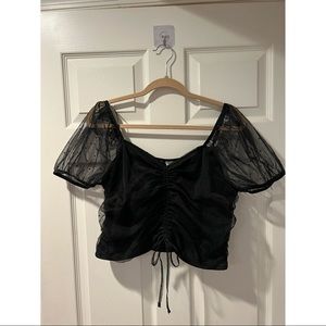 Polla Dot Puff Sleeve Drawstring Top - Black